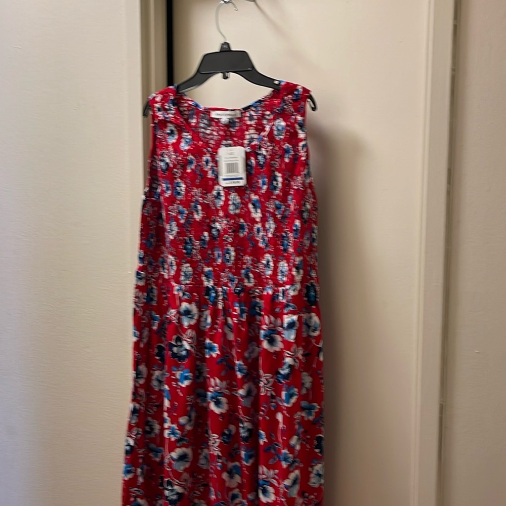 Emily Daniels, red and blue floral dress.